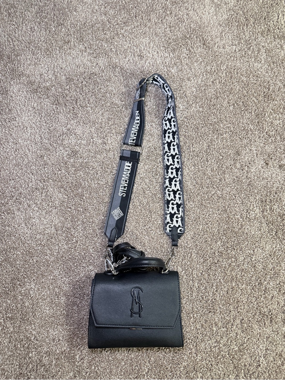 Steve Madden Black Leather Crossbody with Logo Strap